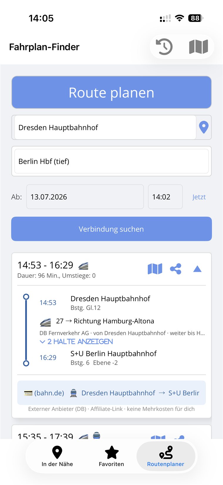 Routenplaner mit Verbindungen und Ticket-Buchung